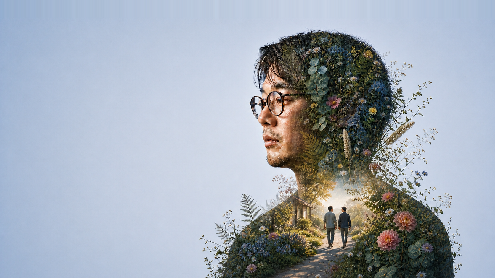 植物と小径が重なる人物の横顔。利用者と職員が一緒に進む支援を表したビジュアル